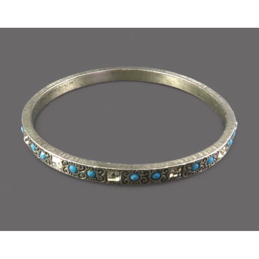 VTG TOMMASSINI Silver Tone Bangle Bracelet FAUX TURQUOISE STONES Carved Scrolls